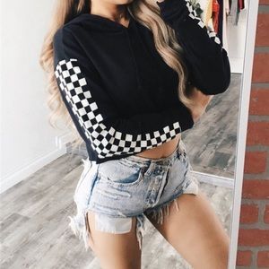 Black Checkered Sleeve Crop Top